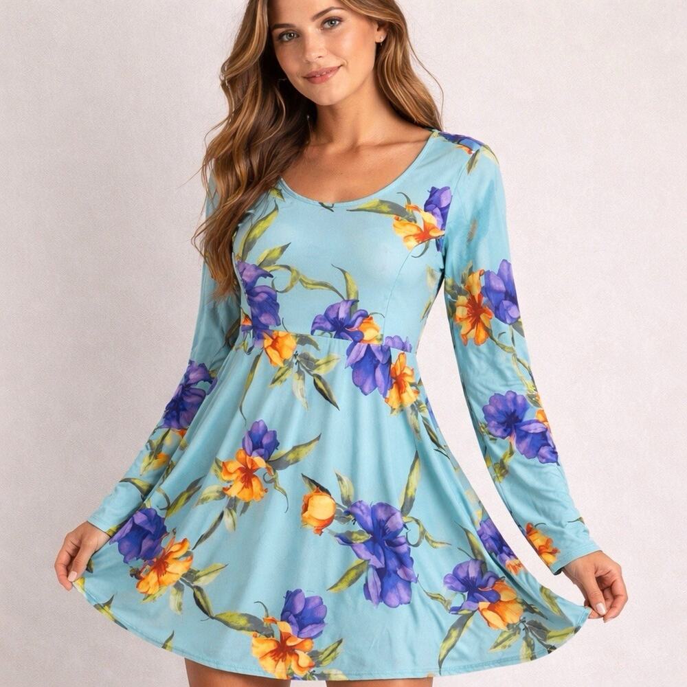 Miss Kerve Floral Dress Size 14 Blue Long Sleeve Made In USA Flow Swing